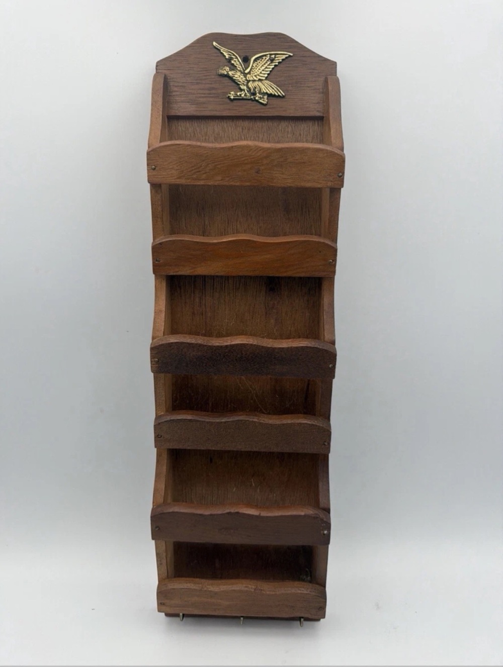 Vintage Mail Organizer Brown Wooden Wall Pocket Hooks Eagle Accent 5x18